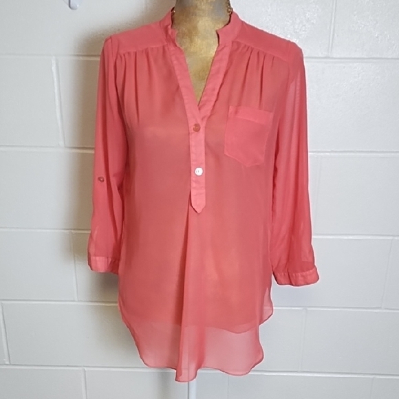 A. Byer Coral Sheer Tangerine 1/2 Button-Up Blouse 3/4 Roll tab Sleeves - Picture 1 of 11